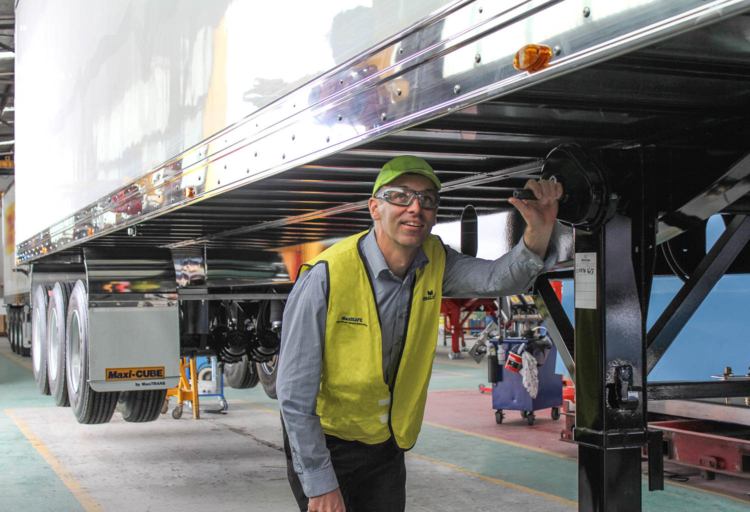 Daniel inspecting a Maxi-CUBE trailer on the production at MaxiTRANS manufacturing facility in Ballarat, Victoria.