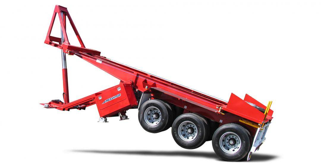 Red Freighter Tipping Skel trailer shown tipping alone on a white background